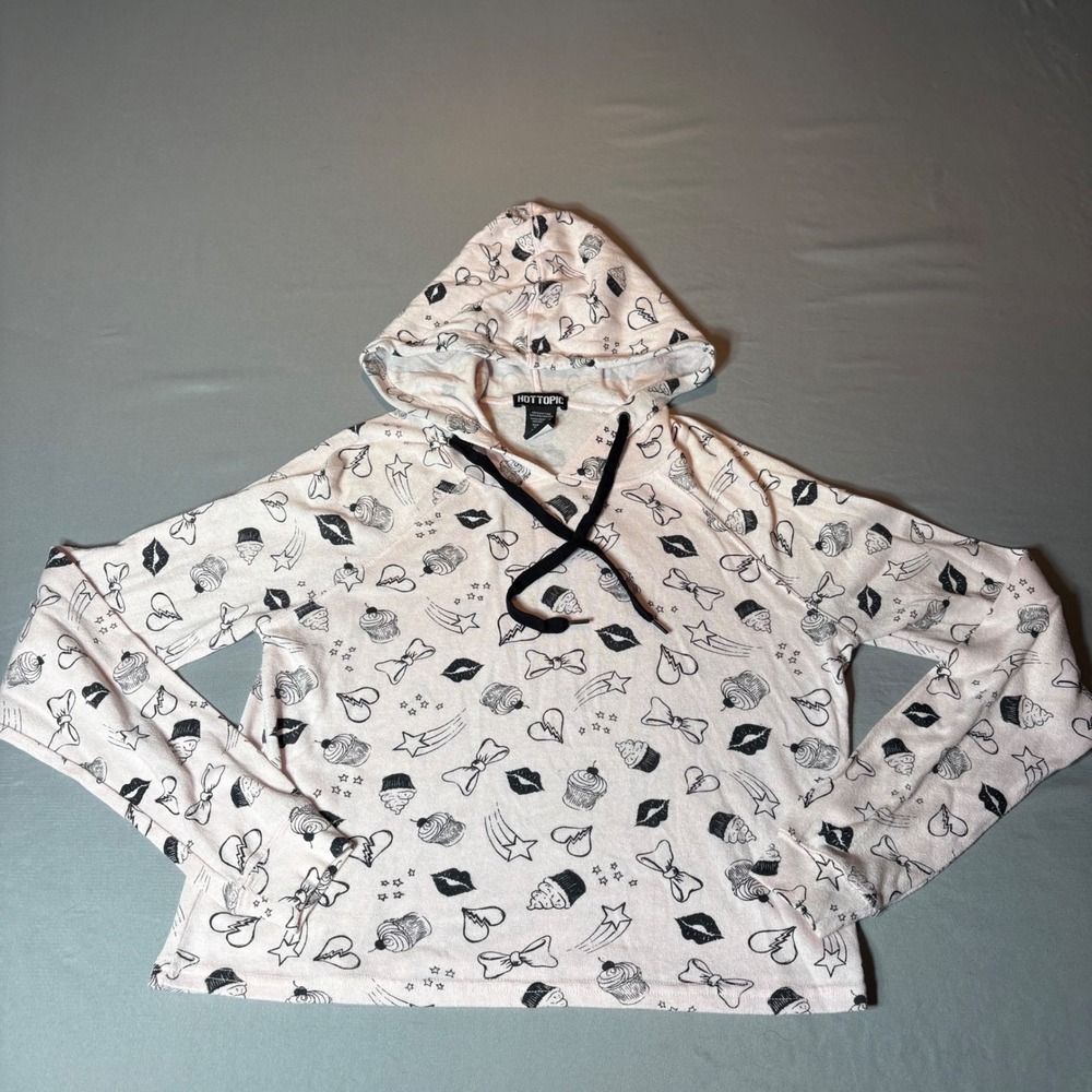 Hot Topic Pink Doodle Print Hoodie Cupcakes Bows Hearts XS Raglan Pullover